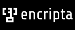 Logo do Encripta, em branco: centralizados em um fundo retangular preto, a imagem pixelada de uma chave com uma extremidade cercada por colchetes à esquerda, seguida do texto 'encripta'. A imagem ocupa cerca de metade da altura do retângulo, e o texto, cerca de um terço. A largura do retângulo de fundo é ligeiramente maior do que a imagem seguida do texto.